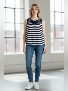 LOFT Sleeveless Blouse with Navy Stripes and Polka Dot Yoke